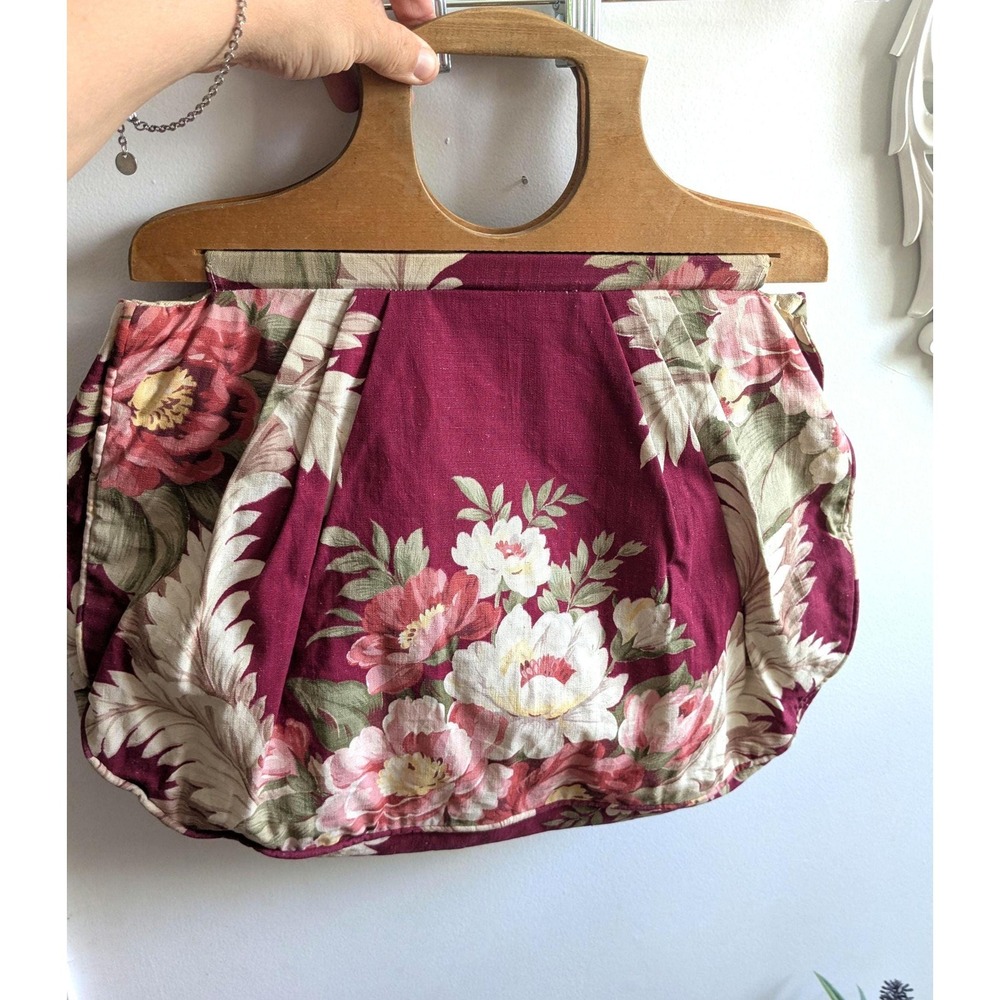 Vintage Floral Wooden Handle Knitting Bag Sewing‎ Craft Tote Burgundy Cotton